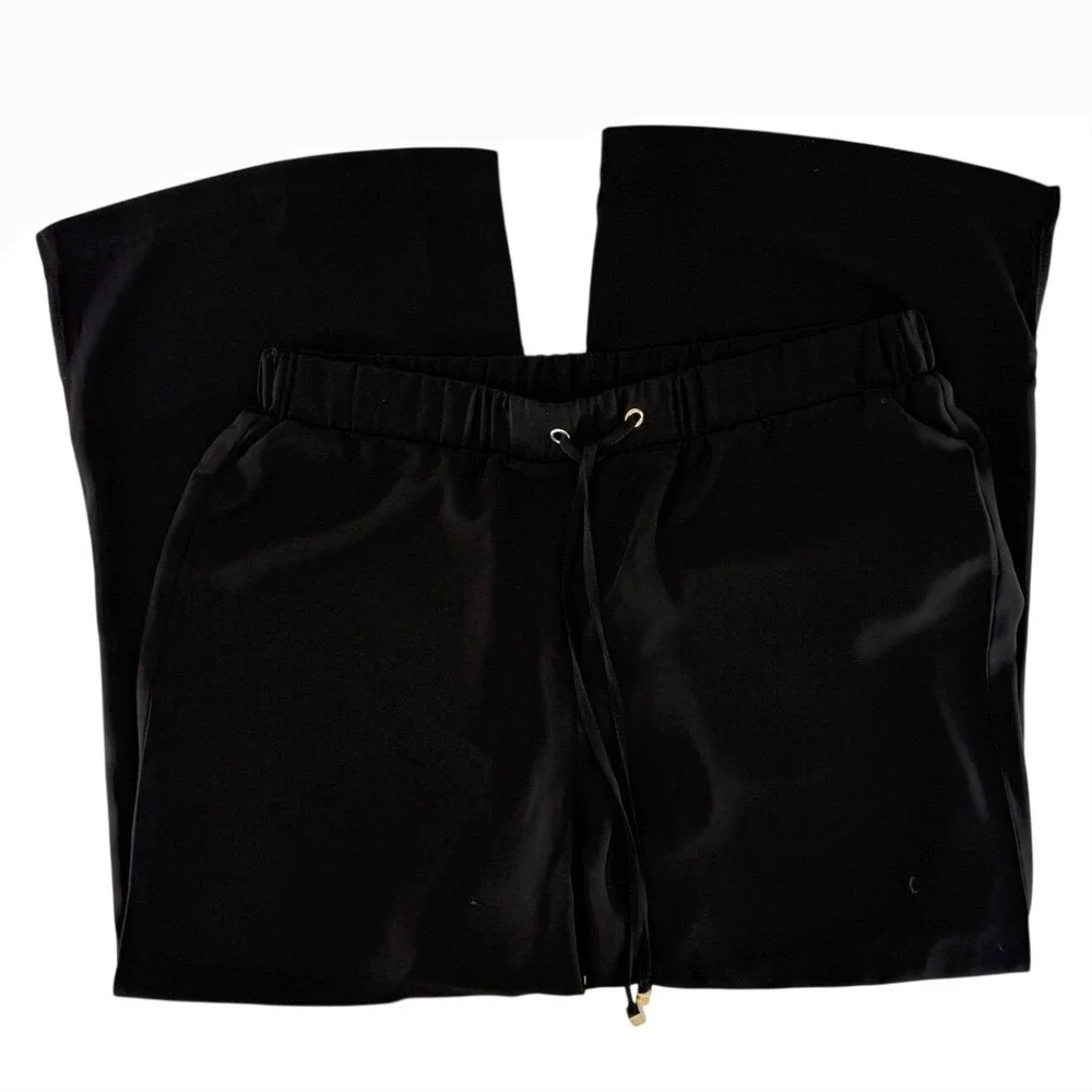 Michael Kors Black Wide Leg Drawstring Pants Gold MK Logo‎ Aglets Womens Small